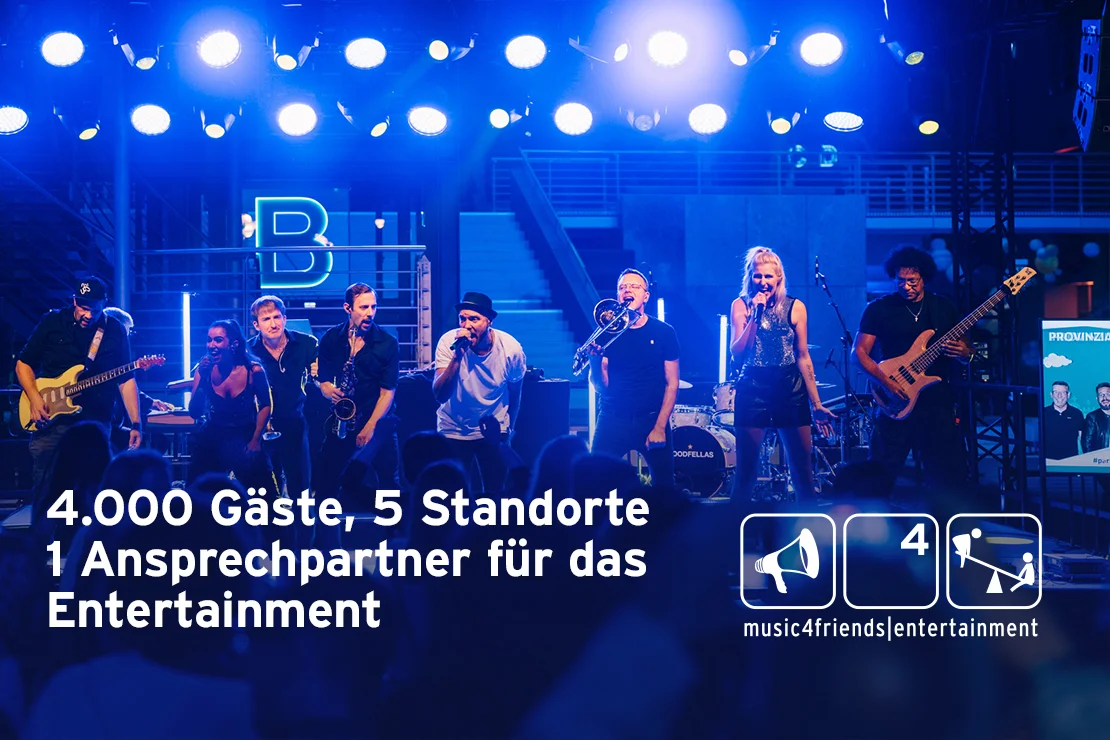 Header für 5-Band-Musikfestival mit bunten Bands und Live-Auftritten.